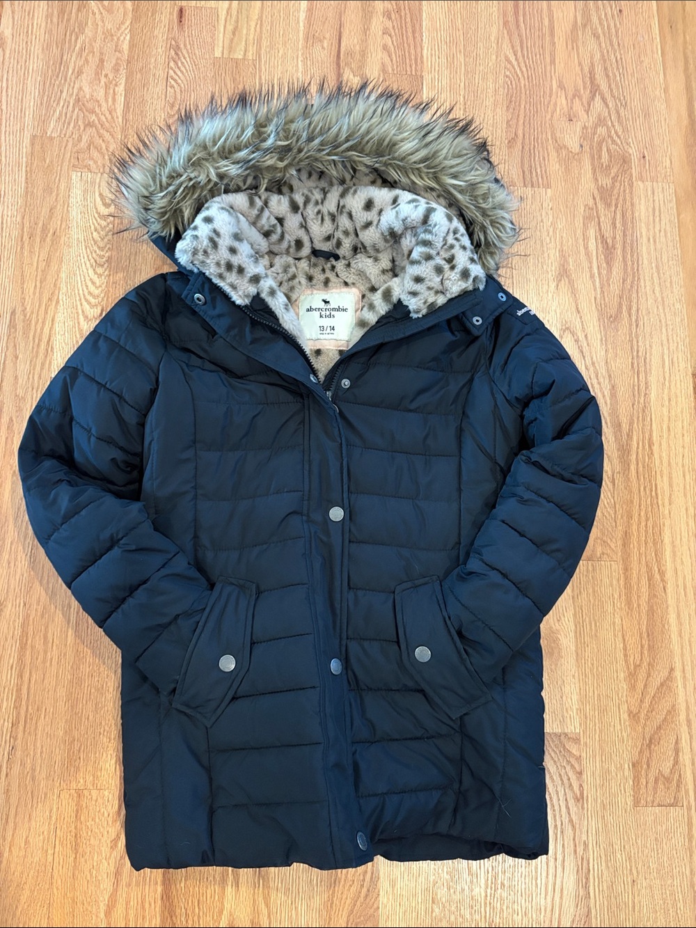 abercrombie kids black puffer coat with faux-fur trim and leopard lining